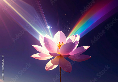 High quality image  of a translucent studio background with light prisms created by light sunlight, the atmosphere is magical, ephemeral, modern, in the center there is a a flower made of clouds
