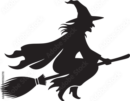 Flying Witch on Broom Silhouette Set – Halloween Magic Black Vector Icons on White Background.
