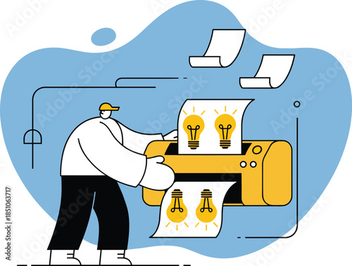 Vector Printing Action, Person, Office, Conceptual Illustration, Indoor View