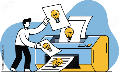 Vector Illustration of Printer Printing Ideas in Office Workspace Environment