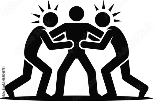 Three stylized figures engaged in a tense struggle or disagreement on a clean white background