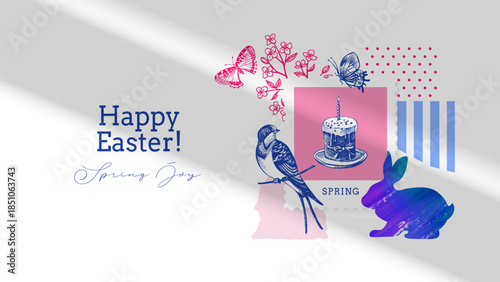 Vintage Easter hand drawn collage background. Spring greeting card and invitation design. Retro sketch vector illustration. Sticker elements