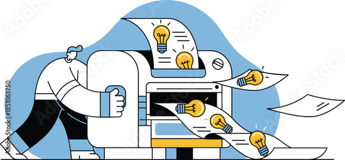 Vector Illustration of Printer Producing Creative Ideas in Office, Business Environment, Side View Concept