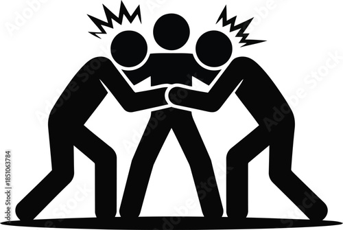 Two people forcefully pulling a third person, indicating a struggle, conflict, or intense disagreement between them