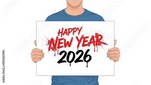Man holding happy new year 2026 sign in hands, blue shirt, white background, celebration, greeting card
