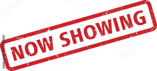 Red Now Showing Rubber Stamp on White Background Announcement, Promotion, and Advertising