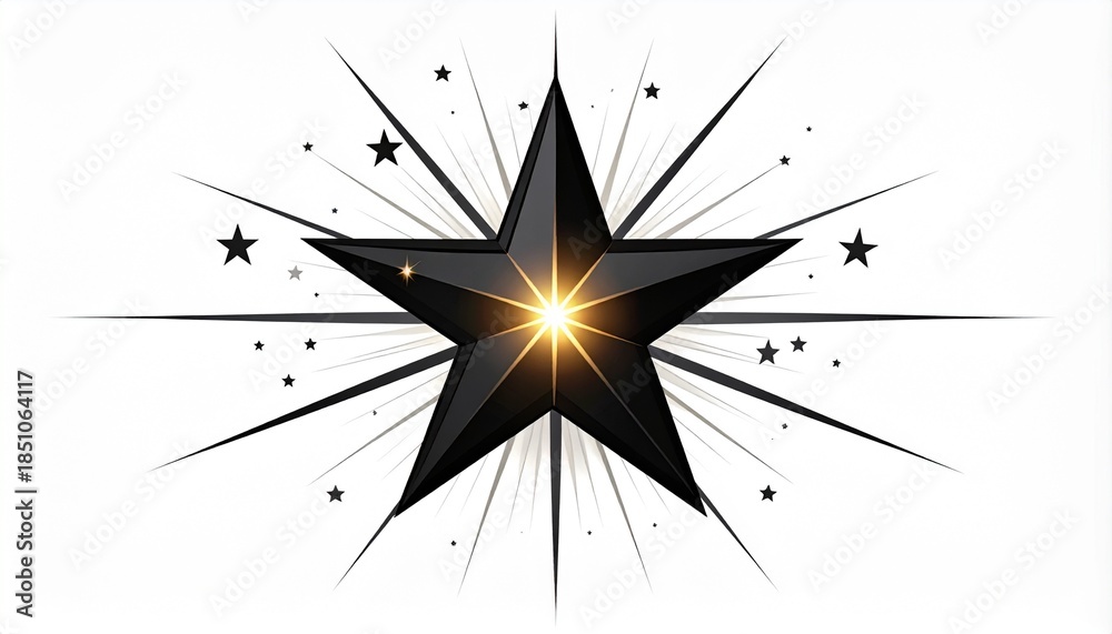 Fototapeta premium Shiny Black Star with Golden Glow and Bursting Rays on White Background - Elegant Graphic Element for Design and Decoration