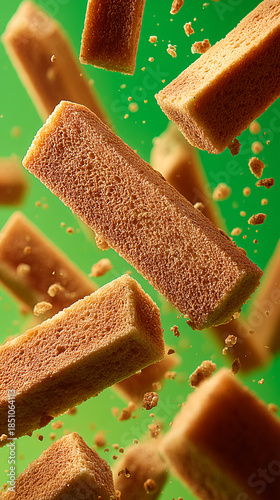 Toasted Bread Strips Falling on Poison Green Background in Dynamic Food Composition