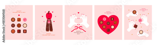 バレンタイン向けチョコレートやハートモチーフのカード風レイアウトイラストセット｜ベクター