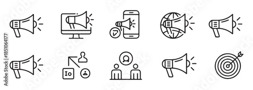 Megaphone line icon set promote business advertise loud voice announcement marketing