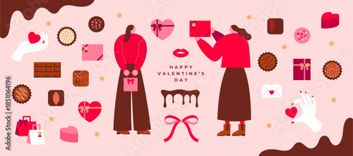 バレンタインデーのギフトとチョコレートを持つ人物のフラットイラストセット｜ベクター