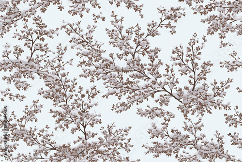 a seamless pattern of snow-covered tree branches and leaves.Snow camouflage seamless pattern with bark and twigs for hunting gear, fabric printing, winter decor, and sublimation.
