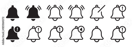 notification bell vector icons set in solid and line styles with various alerts
