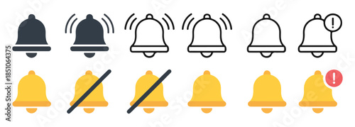 notification bell icon set. alert ringing symbol. silence off sign. vector illustration