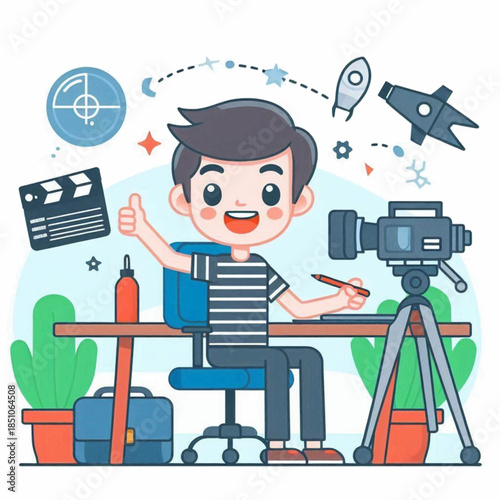 Cartoon Boy Filmmaker with Camera Equipment.