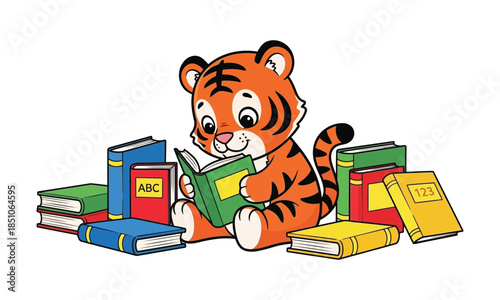 Adorable baby tiger intently reading a stack of colorful books