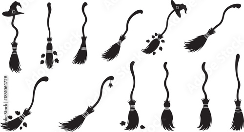 Flying Witch on Broom Silhouette Set – Halloween Magic Black Vector Icons on White Background.