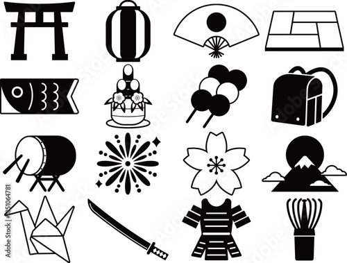 日本文化のアイコン16種セット　モノトーン