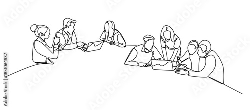 Line art Illustration of business people working together in the office. One line art style