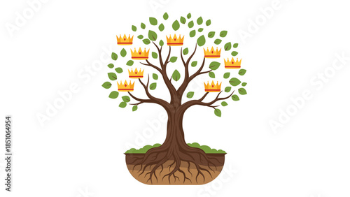 Tree of success with crown symbols and green leaves growing strong