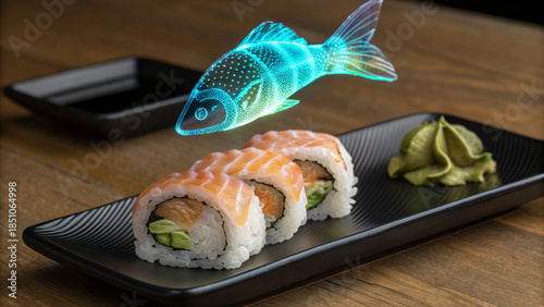 Delicious sushi rolls on a plate with a blue fish hovering above