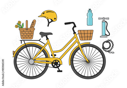 Yellow bicycle with cycling essential accessories