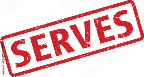 Distressed Red Serves Rubber Stamp Impression, Slightly Angled on a White Background, Text Illustration