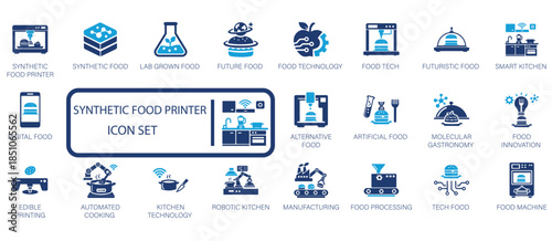 Synthetic food printer icon set featuring 3D food printing, future food technology, molecular gastronomy, and robotic kitchen symbols. Modern blue flat design.
