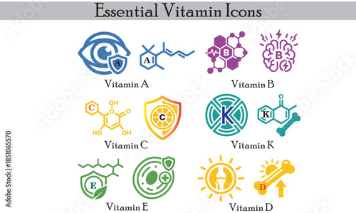 Essential Vitamin Vector Icons Set for Healthcare and Nutrition