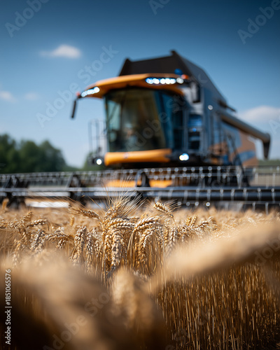 Modern Combine Harvester in Wheat Field with Farmer and Son Inspecting Machinery