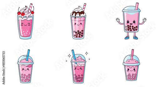 Cute Kawaii Bubble Tea Characters Set with Smiling Faces in Pastel Cartoon Vector Illustration Style