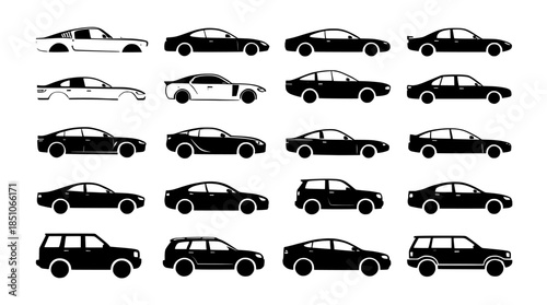 Compact Car Icon Silhouette Vector Set Displaying Multiple Vehicle Body Types