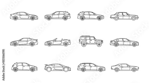 Detailed Car Outline Vector Collection Showing Side View Automotive Variations