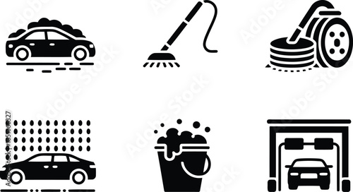 A collection of black silhouette icons illustrating various car washing and cleaning activities on a white background
