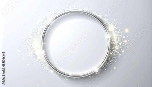 Elegant silver circle frame with sparkling glitter on a light background, perfect for luxury designs, product showcases, or festive greetings.