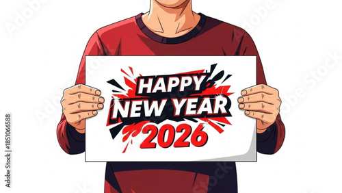 Man holding happy new year 2026 sign with red and black design on white background