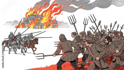 Medieval peasants rebel against knights in a burning village