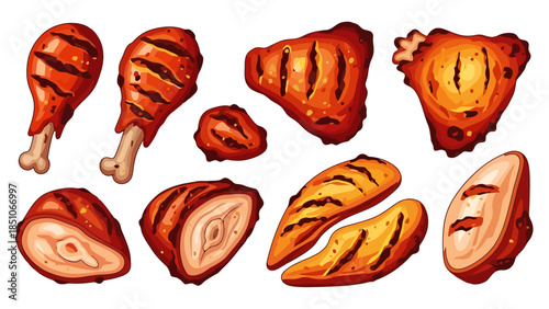 Assortment of Raw and Cooked Chicken Pieces for Culinary Preparation