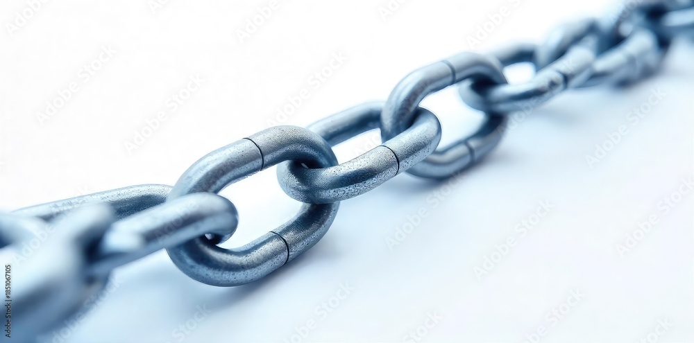 Fototapeta premium Interconnected chain links on a pristine white background, symbolizing connection, unity, and teamwork Perfect for business, technology, or teamwork concepts High-resolution image , metal, studio