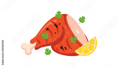 Fresh and Juicy Raw Meat with Herbs and Lemon Slice for Culinary Use