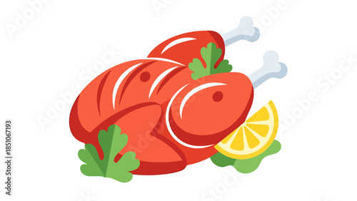 Cooked salmon with lemon and herbs on a white background