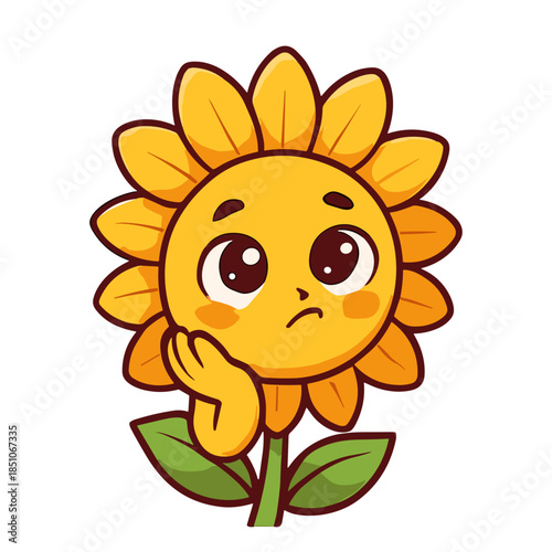 Sad sunflower with big eyes resting its head on arm