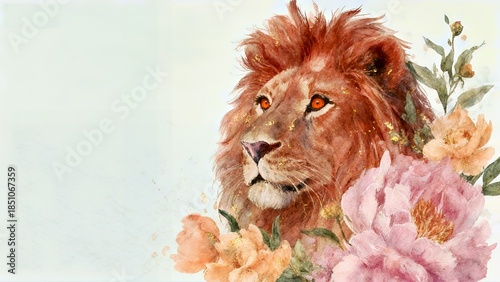 Golden Mane Majesty: Lion with Floral Accents Watercolor Art