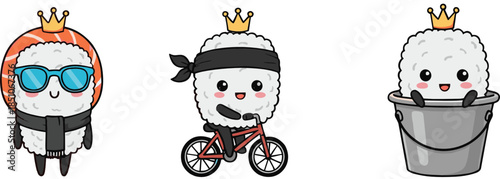 Cute Kawaii Rice Character Set with Crown Wearing Sunglasses Riding Bicycle and Sitting in Bucket Cartoon Vector Style
