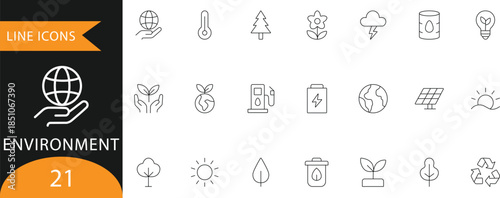 A professional set of 21 minimalist line icons representing environmental sustainability, renewable energy, and eco-friendly concepts. Perfect for corporate ESG reports, green energy presentations, an