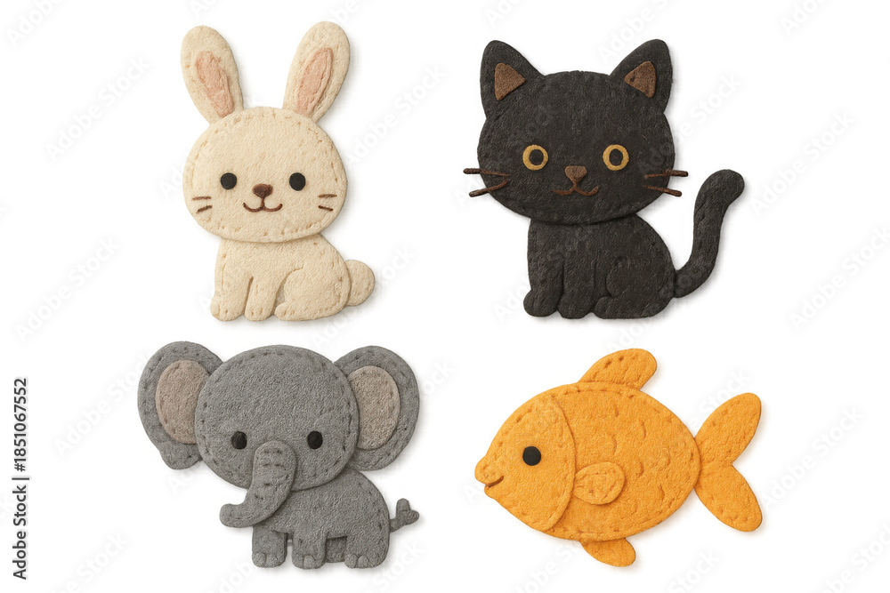 Fototapeta premium Cute felt animals, bunny, black cat, elephant, and goldfish, craft project for children, transparent background