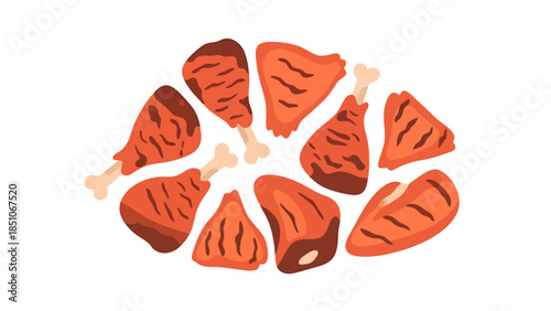 Arrangement of diverse cuts of raw meat on a white background