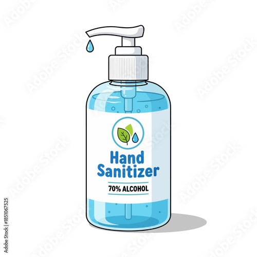 Clean hand sanitizer bottle with pump dispenser and a drop of liquid falling, featuring a label with green leaves and water drops, and text 'hand sanitizer 70 alcohol'