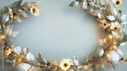 Luminous Silver Floral Wreath: Elegant Gold-Accented Botanical Decor