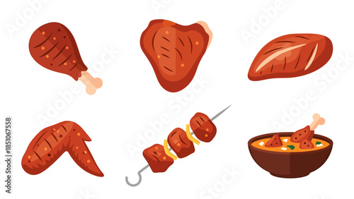 Variety of Fresh Cooked and Grilled Meat Dishes for Culinary Preparation and Meal Presentation